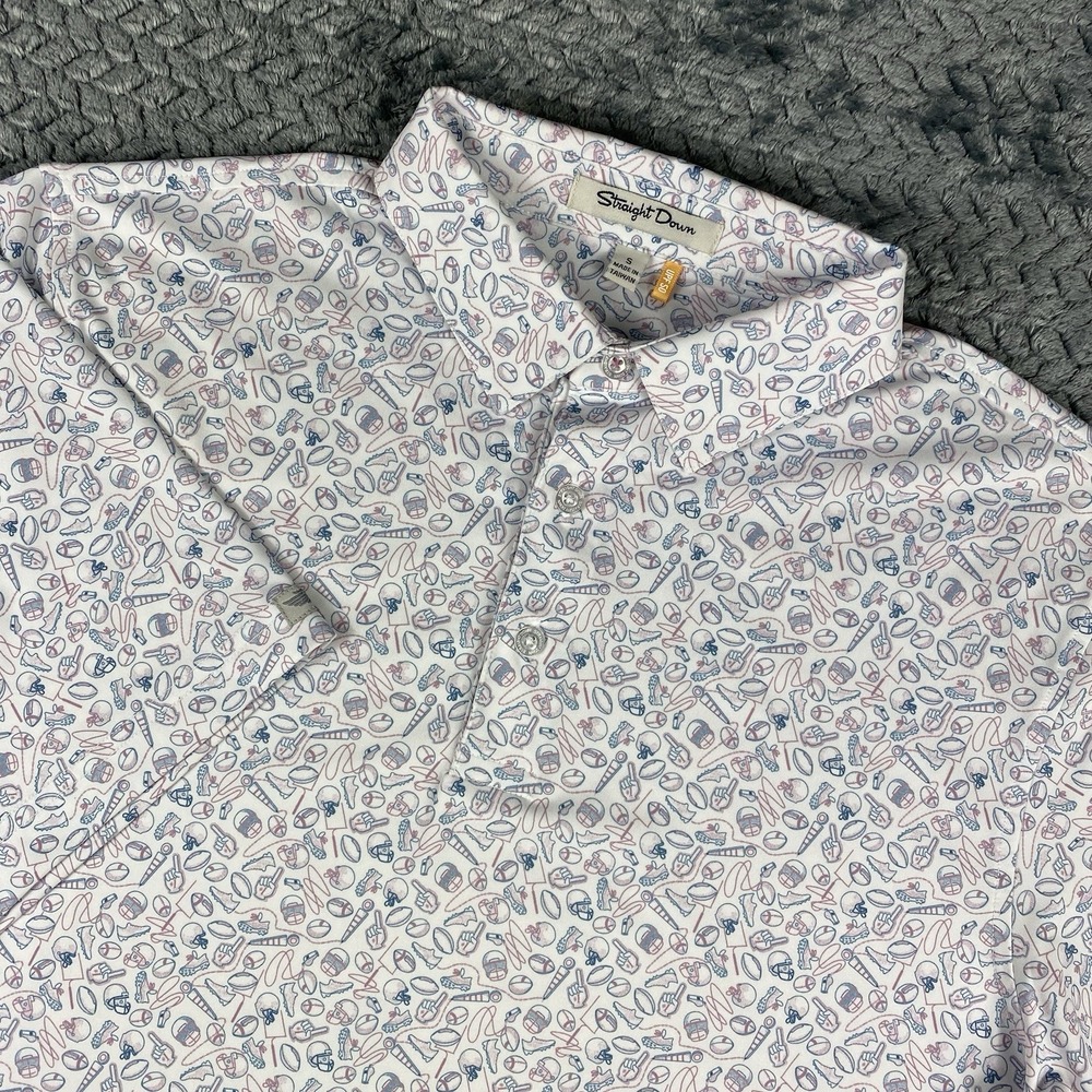 Straight Down Polo Shirt Mens Small White Blue Red Football Pattern Performance
